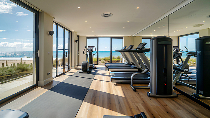 JPG 편집이미지 창문 호텔 리조트 휴식 그림자 사람없음 여름휴가 운동 운동기구 헬스 디지털합성 서비스 나무바닥 런닝머신 편집실사 AI포토 AI콘텐츠 컨셉 숙소 휴가 바닥 건강 CG 파일형식 여름_계절