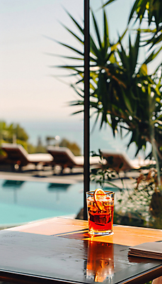 JPG 편집이미지 음료 호텔 리조트 휴식 잔 야외수영장 사람없음 여름휴가 디지털합성 서비스 슬라이스 야자수잎 편집실사 AI포토 AI콘텐츠 식기 컨셉 잎 숙소 휴가 수영장 CG 파일형식 여름_계절