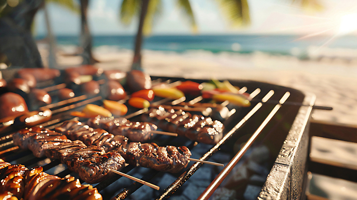 JPG 편집이미지 여행 휴식 해변 사람없음 여름휴가 야자수 햇빛 일몰 꼬치 연기 디지털합성 바베큐그릴 편집실사 AI포토 AI콘텐츠 나무 바다 컨셉 휴가 태양 노을 그릴 바비큐 CG 파일형식 여름_계절