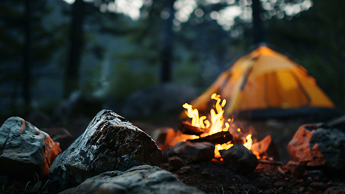 JPG 편집이미지 여행 휴식 텐트 사람없음 여름휴가 일몰 캠핑 돌_바위 모닥불 디지털합성 편집실사 AI포토 AI콘텐츠 컨셉 불 레저 휴가 캠핑도구 노을 CG 파일형식 여름_계절