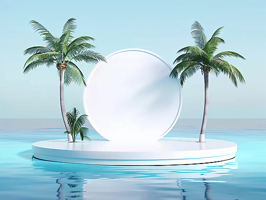 JPG 편집 편집이미지 물결 사람없음 여름 야자수 반사 원형 수면 오브젝트 합성 이미지 포디움 편집실사 AI컴퓨터그래픽 AI콘텐츠 도형 나무 계절 물 무대 CG 파일형식