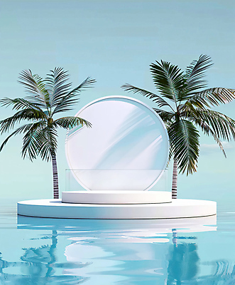 JPG 편집 편집이미지 물결 사람없음 여름 야자수 반사 원형 수면 오브젝트 합성 이미지 포디움 편집실사 AI컴퓨터그래픽 AI콘텐츠 도형 나무 계절 물 무대 CG 파일형식