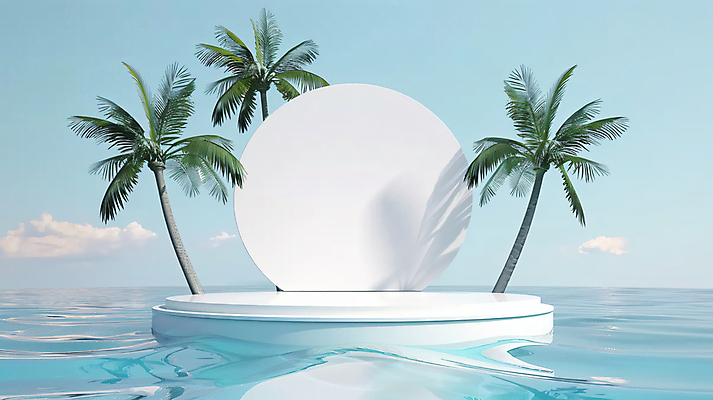 JPG 편집 편집이미지 물결 사람없음 여름 야자수 반사 원형 수면 오브젝트 합성 이미지 포디움 편집실사 AI컴퓨터그래픽 AI콘텐츠 도형 나무 계절 물 무대 CG 파일형식