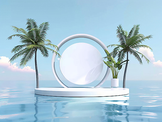 JPG 편집 편집이미지 물결 사람없음 여름 야자수 반사 원형 수면 오브젝트 합성 이미지 포디움 편집실사 AI컴퓨터그래픽 AI콘텐츠 도형 나무 계절 물 무대 CG 파일형식