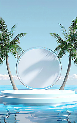 JPG 편집 편집이미지 물결 사람없음 여름 야자수 반사 원형 수면 오브젝트 합성 이미지 포디움 편집실사 AI컴퓨터그래픽 AI콘텐츠 도형 나무 계절 물 무대 CG 파일형식