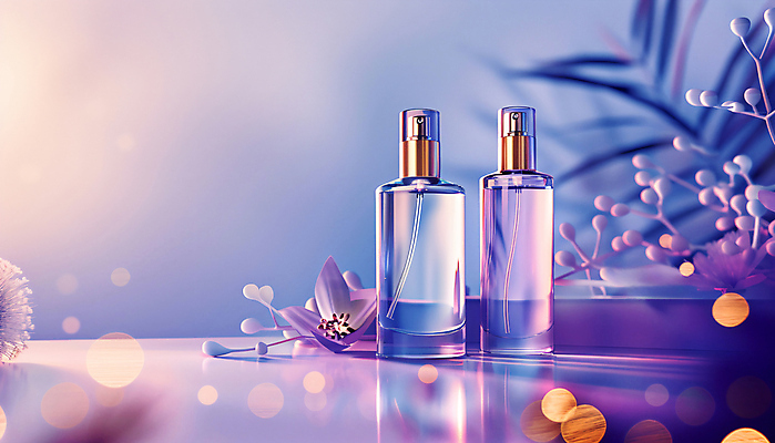 JPG 편집 편집이미지 꽃 잎 유리병 사람없음 보라색 보케 이미지 공병 향수병 편집실사 AI컴퓨터그래픽 AI콘텐츠 식물 컬러 병_용기 향수 CG 병_담는 파일형식