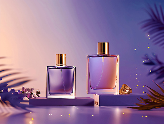 JPG 편집 편집이미지 잎 유리병 사람없음 반짝임 보라색 이미지 공병 향수병 편집실사 AI컴퓨터그래픽 AI콘텐츠 식물 컬러 모션 병_용기 향수 CG 병_담는 파일형식