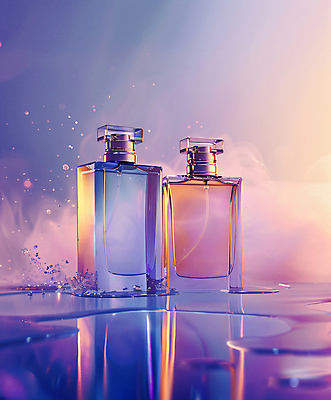 JPG 편집 편집이미지 유리병 사람없음 반짝임 반사 보라색 연기 웅덩이 이미지 공병 향수병 편집실사 AI컴퓨터그래픽 AI콘텐츠 컬러 모션 병_용기 향수 CG 병_담는 파일형식