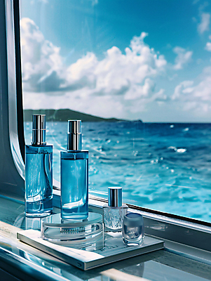 JPG 편집이미지 바다 창문 그림자 사람없음 여름 파란색 햇빛 뷰티 화장품 오브젝트 향수병 편집실사 AI포토 AI콘텐츠 계절 컬러 태양 향수 CG 병_담는 파일형식