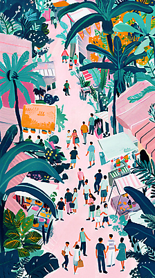 전신 PSD 라이프스타일 여자 남자 분홍색 일러스트 수채화 거리 여러명 성인 여름 쇼핑 야자수 시장 군중 감성 노점 몬스테라 성인만 트로피컬아트 플리마켓 국내일러스트 나무 식물 계절 컬러 다수 컨셉 사람 생활 상점 그림 파일형식