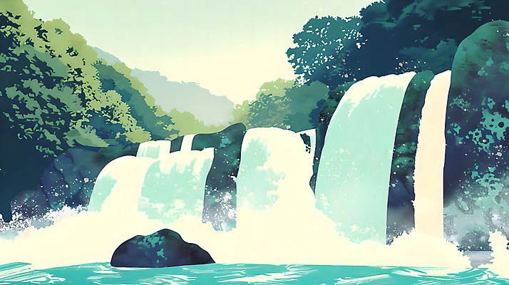 PSD 나무 일러스트 하늘 나뭇잎 산 풍경 사람없음 초록색 여름 절벽 폭포 돌_바위 분위기 숲 국내일러스트 식물 계절 컬러 컨셉 잎 자연 파일형식