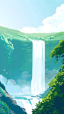 PSD 나무 구름 일러스트 조류 하늘 나뭇잎 산 풍경 사람없음 초록색 여름 절벽 폭포 분위기 숲 국내일러스트 자연요소 식물 동물 계절 컬러 컨셉 잎 자연 파일형식