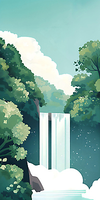 PSD 나무 구름 일러스트 하늘 나뭇잎 산 풍경 사람없음 초록색 여름 절벽 폭포 돌_바위 분위기 숲 국내일러스트 자연요소 식물 계절 컬러 컨셉 잎 자연 파일형식