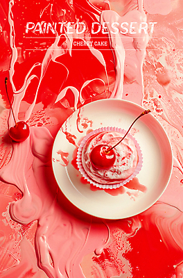 PSD 편집이미지 접시 디자인 포스터 조각 타이포그라피 사람없음 빨간색 페인트 체리 달콤 컵케이크 질감 플레이트 이미지편집 문자 식기 컬러 과일 케이크 맛 스키용품 파일형식