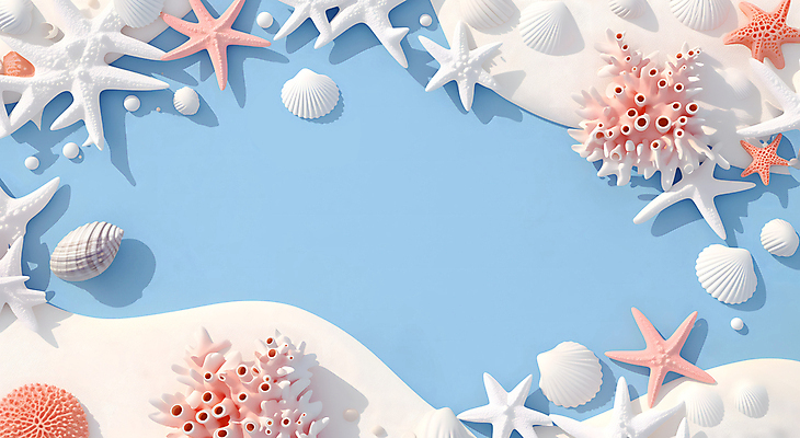 JPG 편집이미지 자연 불가사리 프레임 해변 사람없음 파란색 돌_바위 화려 조개껍데기 산호초 카피스페이스 편집실사 바다 컬러 컨셉 조개 극피동물 공백 수중식물 CG 생태계 파일형식