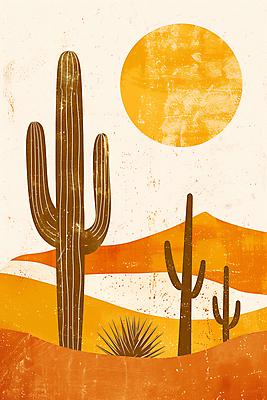 JPG 모래 일러스트 하늘 산 선인장 풍경 사람없음 여름 태양 주황색 사막 빈티지 더위 국내일러스트 AI일러스트 AI콘텐츠 자연요소 식물 계절 컬러 컨셉 날씨 파일형식