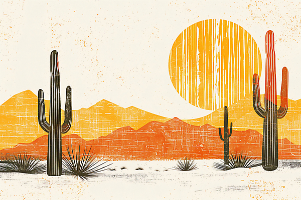 JPG 모래 일러스트 하늘 산 선인장 풍경 사람없음 여름 태양 주황색 사막 빈티지 더위 국내일러스트 AI일러스트 AI콘텐츠 자연요소 식물 계절 컬러 컨셉 날씨 파일형식