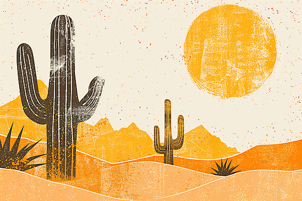 JPG 모래 일러스트 하늘 산 선인장 풍경 사람없음 여름 태양 주황색 사막 빈티지 더위 국내일러스트 AI일러스트 AI콘텐츠 자연요소 식물 계절 컬러 컨셉 날씨 파일형식
