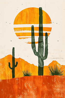 JPG 모래 일러스트 하늘 산 선인장 풍경 사람없음 여름 태양 주황색 사막 빈티지 더위 국내일러스트 AI일러스트 AI콘텐츠 자연요소 식물 계절 컬러 컨셉 날씨 파일형식