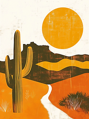 JPG 모래 일러스트 하늘 산 선인장 풍경 사람없음 여름 태양 주황색 사막 빈티지 더위 국내일러스트 AI일러스트 AI콘텐츠 자연요소 식물 계절 컬러 컨셉 날씨 파일형식