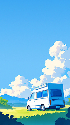 JPG 나무 구름 여행 하늘색 일러스트 자연 하늘 풍경 초원 사람없음 여름휴가 소풍 풀 분위기 캠핑카 차박 국내일러스트 AI일러스트 AI콘텐츠 자연요소 식물 컨셉 자동차 휴가 파란색 야외활동 캠핑 생태계 파일형식 여름_계절