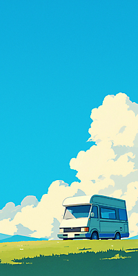 JPG 나무 구름 여행 일러스트 자연 하늘 풍경 초원 사람없음 초록색 여름휴가 소풍 풀 분위기 캠핑카 차박 국내일러스트 AI일러스트 AI콘텐츠 자연요소 식물 컬러 컨셉 자동차 휴가 야외활동 캠핑 생태계 파일형식 여름_계절