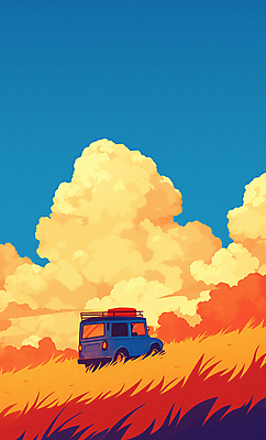 JPG 주간 나무 구름 여행 일러스트 자연 하늘 풍경 초원 사람없음 여름휴가 소풍 주황색 일몰 풀 분위기 캠핑카 차박 국내일러스트 AI일러스트 AI콘텐츠 자연요소 식물 컬러 컨셉 자동차 휴가 야외활동 노을 캠핑 생태계 파일형식 여름_계절