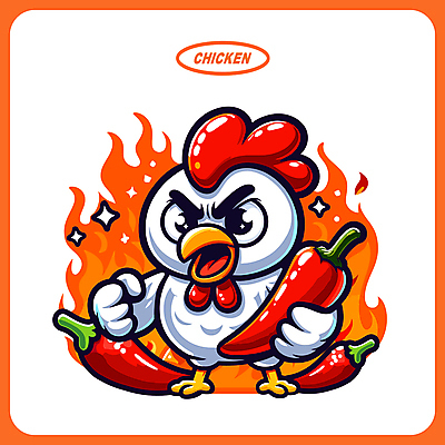 동물 음식 일러스트 고추 불 들기 사람없음 빨간색 반짝임 치킨 닭 매움 닭캐릭터 일러캐릭터 AI파일 자연요소 캐릭터 컬러 동물캐릭터 채소 모션 조류 맛 닭고기요리 파일형식 벡터
