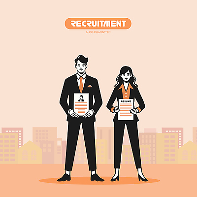 전신 캐릭터 여자 남자 일러스트 들기 성인 두명 건물 주황색 도전 도시 직장인 비즈니스맨 비즈니스우먼 이력서 모집 구인구직 채용 채용공고 성인만 청년취업 일러캐릭터 AI파일 직업 건축물 컬러 비즈니스 모션 사람 구직 구인 파일형식 벡터