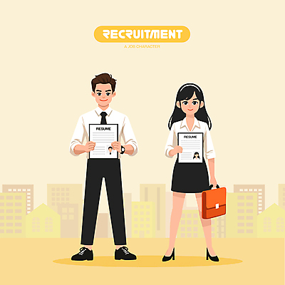 전신 캐릭터 여자 남자 서류가방 일러스트 들기 성인 두명 건물 노란색 도전 도시 직장인 비즈니스맨 비즈니스우먼 이력서 모집 구인구직 채용 채용공고 성인만 청년취업 일러캐릭터 AI파일 직업 건축물 컬러 가방 비즈니스 모션 사람 구직 구인 파일형식 벡터