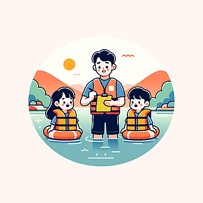 여자 남자 어린이 일러스트 물놀이 하늘 산 들기 소녀 소년 성인 세명 물 태양 펜 교사 수영 풀 구출 구명조끼 튜브 안전교육 서류판 국내일러스트 AI파일 자연요소 식물 직업 교육 모션 놀이 안전 사람 필기구 사무용품 수상스포츠 도움 구조용품 파일형식 벡터