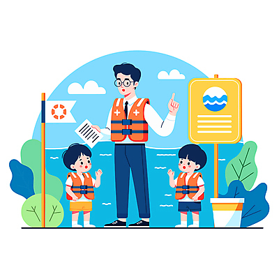 전신 구름 남자 어린이 파도 일러스트 물놀이 소년 성인 세명 물 교사 수영 깃발 표지판 풀잎 구출 문서 구명조끼 안전교육 남자만 국내일러스트 AI파일 자연요소 직업 교육 바다 잎 놀이 알림판 안전 사람 수상스포츠 도움 풀_식물 구조용품 파일형식 벡터