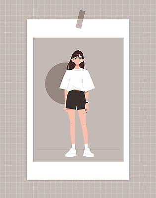 전신 여자 패션 티셔츠 일러스트 반바지 팔찌 프레임 한명 성인 캐주얼 귀여움 회색 심플 테이프 소셜네트워크 필름사진 성인여자한명만 오오티디 국내일러스트 AI파일 1 옷 컬러 컨셉 셔츠 장신구 바지 문구용품 사람 신조어 여자한명만 성인여자만 파일형식 벡터