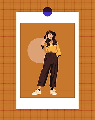 전신 모자 여자 패션 티셔츠 일러스트 바지 프레임 한명 성인 갈색 귀여움 귀걸이 모던 주머니손 테이프 소셜네트워크 필름사진 성인여자한명만 오오티디 국내일러스트 AI파일 1 잡화 컬러 컨셉 셔츠 장신구 모션 하의 문구용품 사람 신조어 여자한명만 성인여자만 파일형식 벡터