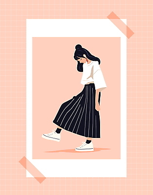 전신 여자 패션 분홍색 티셔츠 일러스트 프레임 한명 성인 치마 귀여움 눈감음 귀걸이 우아함 테이프 다리들기 소셜네트워크 필름사진 성인여자한명만 오오티디 국내일러스트 AI파일 1 컬러 컨셉 셔츠 장신구 모션 하의 문구용품 사람 신조어 여자한명만 성인여자만 파일형식 벡터