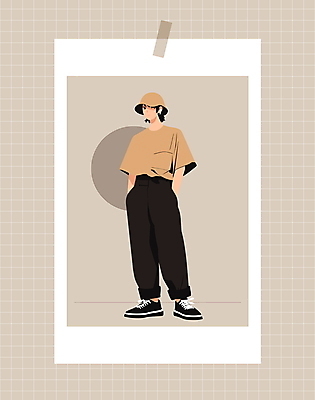 전신 모자 패션 남자 티셔츠 일러스트 바지 프레임 한명 성인 캐주얼 귀여움 주머니손 테이프 베이지색 소셜네트워크 필름사진 성인남자한명만 오오티디 국내일러스트 AI파일 1 잡화 옷 컬러 컨셉 셔츠 모션 하의 문구용품 사람 신조어 남자한명만 성인남자만 파일형식 벡터