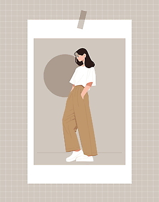 전신 여자 패션 티셔츠 일러스트 바지 프레임 한명 성인 귀여움 귀걸이 회색 주머니손 심플 테이프 소셜네트워크 필름사진 성인여자한명만 오오티디 국내일러스트 AI파일 1 컬러 컨셉 셔츠 장신구 모션 하의 문구용품 사람 신조어 여자한명만 성인여자만 파일형식 벡터