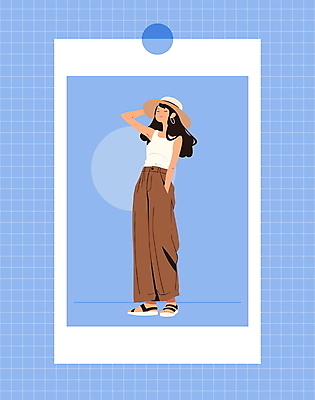 전신 모자 여자 패션 일러스트 바지 프레임 한명 성인 캐주얼 파란색 귀여움 눈감음 귀걸이 주머니손 테이프 소셜네트워크 필름사진 성인여자한명만 오오티디 국내일러스트 AI파일 1 잡화 옷 컬러 컨셉 장신구 모션 하의 문구용품 사람 신조어 여자한명만 성인여자만 파일형식 벡터