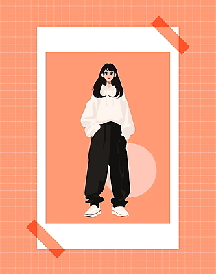 전신 여자 패션 일러스트 바지 프레임 한명 성인 캐주얼 귀여움 주머니손 테이프 후드티셔츠 다홍색 소셜네트워크 필름사진 성인여자한명만 오오티디 국내일러스트 AI파일 1 옷 컬러 컨셉 티셔츠 모션 하의 문구용품 사람 신조어 여자한명만 성인여자만 파일형식 벡터