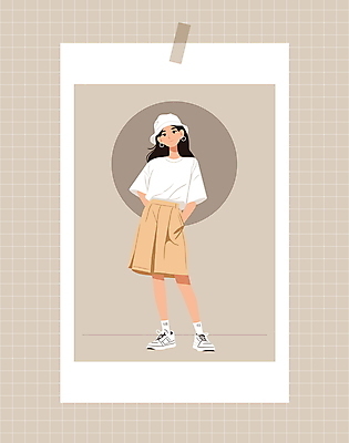 전신 모자 여자 패션 티셔츠 일러스트 프레임 한명 성인 캐주얼 치마 귀여움 귀걸이 주머니손 테이프 베이지색 소셜네트워크 필름사진 성인여자한명만 오오티디 국내일러스트 AI파일 1 잡화 옷 컬러 컨셉 셔츠 장신구 모션 하의 문구용품 사람 신조어 여자한명만 성인여자만 파일형식 벡터