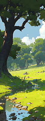 JPG 나무 일러스트 자연 나뭇잎 그림자 풍경 잔디 초원 사람없음 초록색 여름 햇빛 평화 고요 풀 개울 숲 국내일러스트 AI일러스트 AI콘텐츠 식물 계절 컬러 컨셉 잎 강 태양 생태계 파일형식