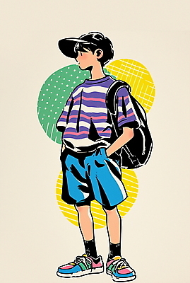 JPG 전신 모자 패션 남자 대학생 운동화 셔츠 패턴 가방 일러스트 반바지 한명 성인 쇼핑 컬러풀 빈티지 복고 주머니손 성인남자한명만 80년대 키치 국내일러스트 AI일러스트 AI콘텐츠 1 학생 잡화 컬러 신발 컨셉 상의 무늬 바지 모션 사람 남자한명만 성인남자만 파일형식