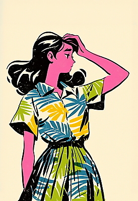 JPG 여자 패션 대학생 셔츠 패턴 일러스트 한명 성인 쇼핑 치마 컬러풀 빈티지 복고 하와이안 성인여자한명만 80년대 키치 국내일러스트 AI일러스트 AI콘텐츠 1 학생 컬러 컨셉 상의 무늬 하의 사람 여자한명만 성인여자만 파일형식