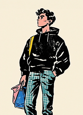 JPG 패션 남자 대학생 패턴 가방 일러스트 한명 성인 쇼핑 컬러풀 청바지 빈티지 복고 주머니손 후드티 성인남자한명만 80년대 키치 국내일러스트 AI일러스트 AI콘텐츠 1 학생 잡화 컬러 컨셉 티셔츠 무늬 바지 모션 사람 남자한명만 성인남자만 파일형식