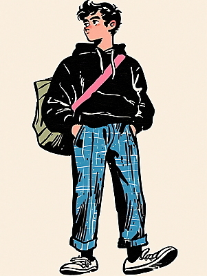 JPG 전신 패션 남자 대학생 운동화 패턴 가방 일러스트 한명 성인 쇼핑 컬러풀 청바지 빈티지 복고 주머니손 후드티 성인남자한명만 80년대 키치 국내일러스트 AI일러스트 AI콘텐츠 1 학생 잡화 컬러 신발 컨셉 티셔츠 무늬 바지 모션 사람 남자한명만 성인남자만 파일형식