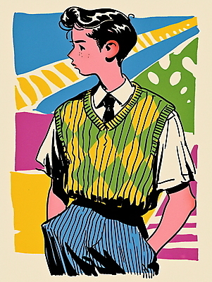 JPG 패션 남자 대학생 셔츠 패턴 일러스트 바지 넥타이 한명 성인 쇼핑 컬러풀 조끼 빈티지 복고 주머니손 성인남자한명만 80년대 키치 국내일러스트 AI일러스트 AI콘텐츠 1 학생 잡화 컬러 컨셉 상의 무늬 모션 하의 사람 외투 남자한명만 성인남자만 파일형식