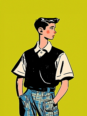 JPG 패션 남자 대학생 셔츠 패턴 일러스트 한명 성인 쇼핑 컬러풀 청바지 조끼 빈티지 복고 주머니손 성인남자한명만 80년대 키치 국내일러스트 AI일러스트 AI콘텐츠 1 학생 컬러 컨셉 상의 무늬 바지 모션 사람 외투 남자한명만 성인남자만 파일형식