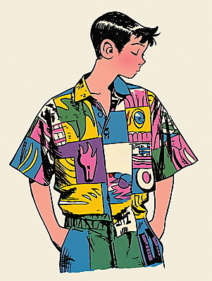 JPG 패션 남자 대학생 셔츠 패턴 일러스트 한명 성인 쇼핑 컬러풀 빈티지 복고 주머니손 성인남자한명만 80년대 키치 국내일러스트 AI일러스트 AI콘텐츠 1 학생 컬러 컨셉 상의 무늬 모션 사람 남자한명만 성인남자만 파일형식