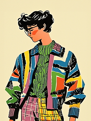 JPG 패션 남자 안경 대학생 패턴 일러스트 바지 한명 성인 쇼핑 컬러풀 재킷 빈티지 스웨터 복고 성인남자한명만 80년대 키치 국내일러스트 AI일러스트 AI콘텐츠 1 학생 잡화 컬러 컨셉 상의 무늬 하의 사람 외투 남자한명만 성인남자만 파일형식