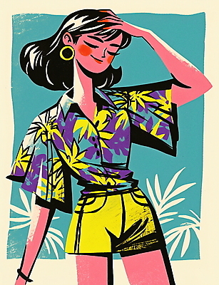 JPG 여자 패션 대학생 셔츠 패턴 일러스트 반바지 한명 성인 쇼핑 컬러풀 귀걸이 빈티지 복고 하와이안 성인여자한명만 80년대 키치 국내일러스트 AI일러스트 AI콘텐츠 1 학생 컬러 컨셉 상의 무늬 장신구 바지 사람 여자한명만 성인여자만 파일형식